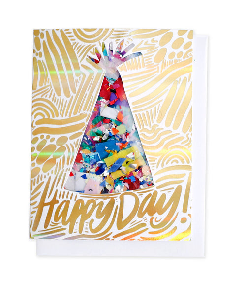 Happy Day Confetti-Filled + Holographic Gold Foil Card