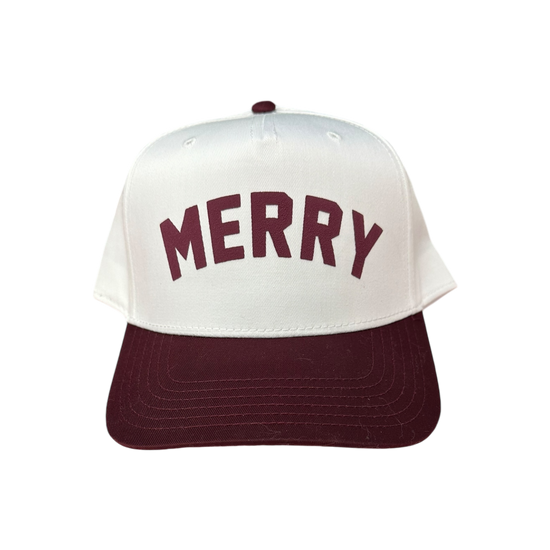 Holiday MERRY Trucker Hat - White/Maroon