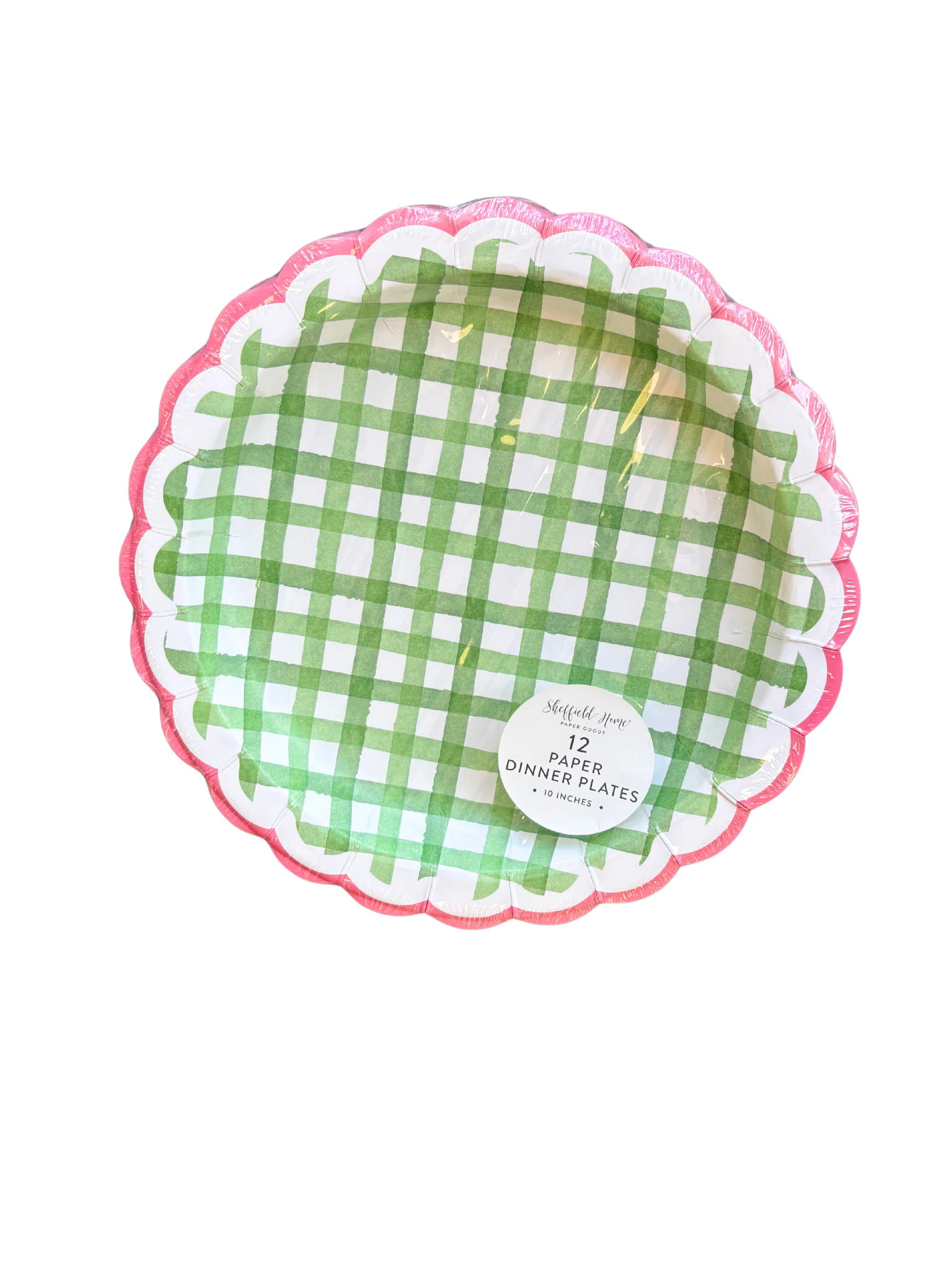 Green Plaid & Pink Scallops Paper Plates 12pk