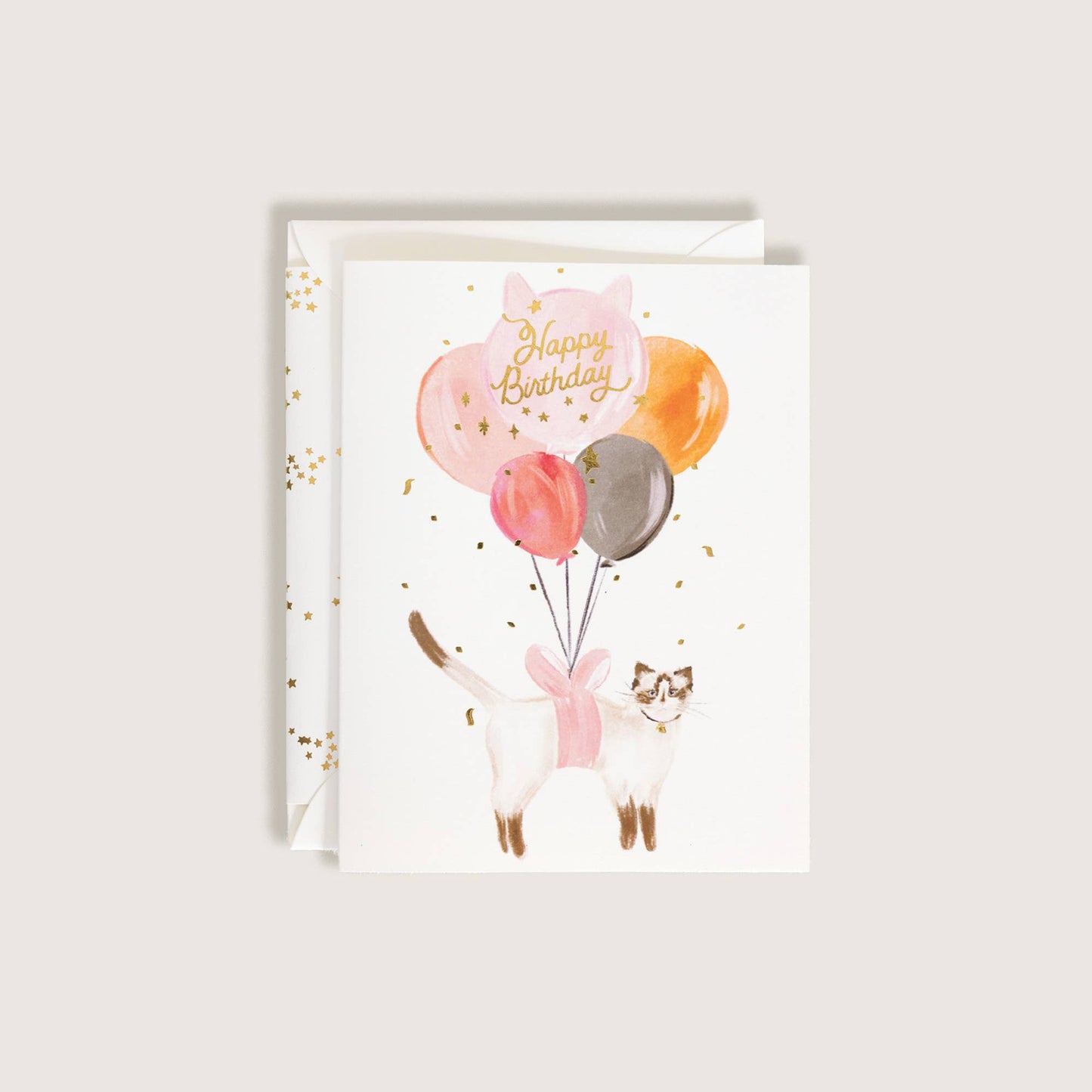Happy Birthday Balloon Cat with Gold Confetti Card