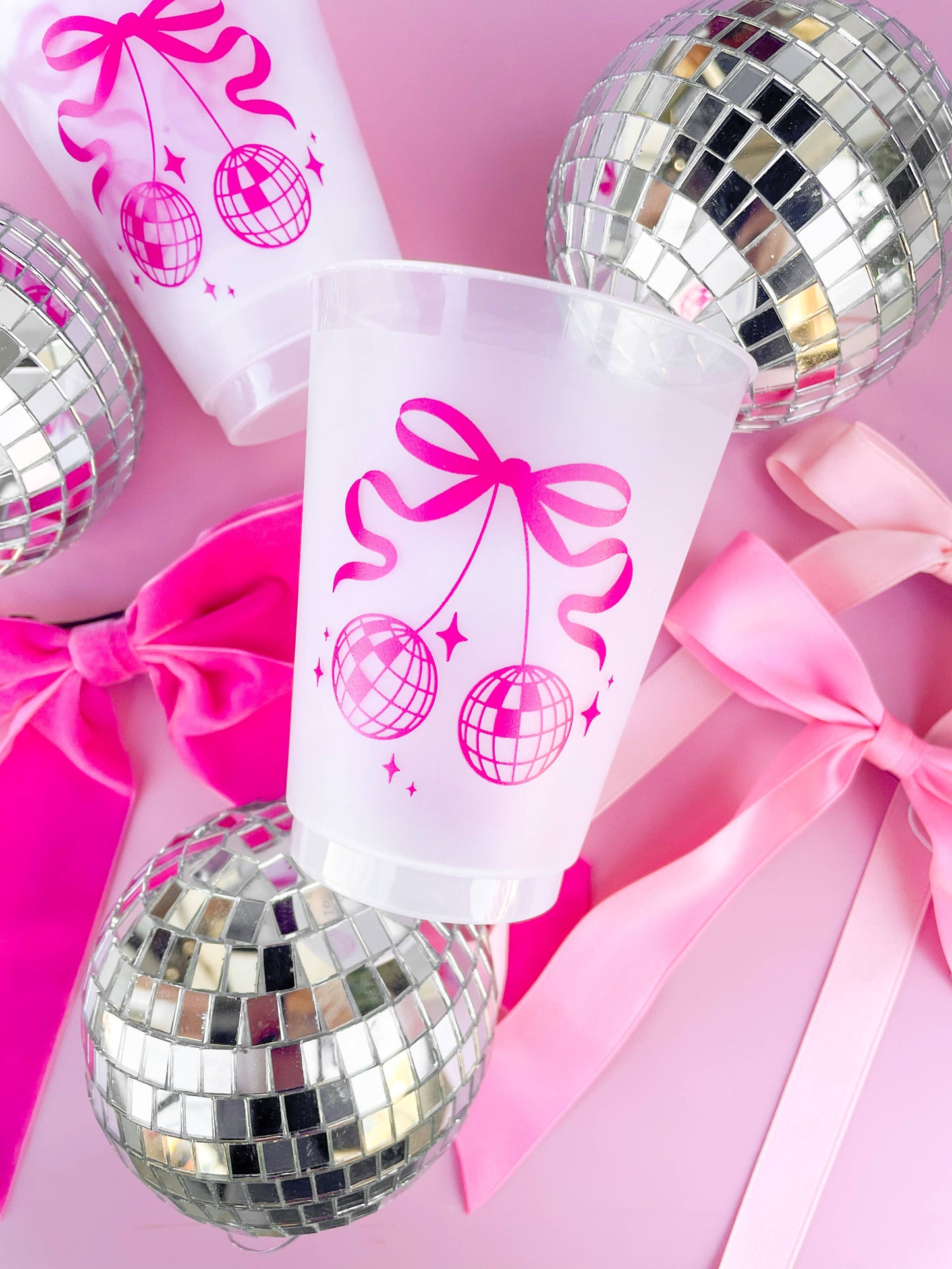 Frosted Party Cups - Pink Bow Disco Ball Cherries