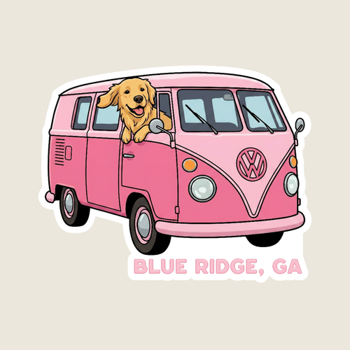 Golden Retriever in a Pink VW Van Sticker
