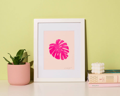 Pink Monstera Leaf Art Print - 8X10