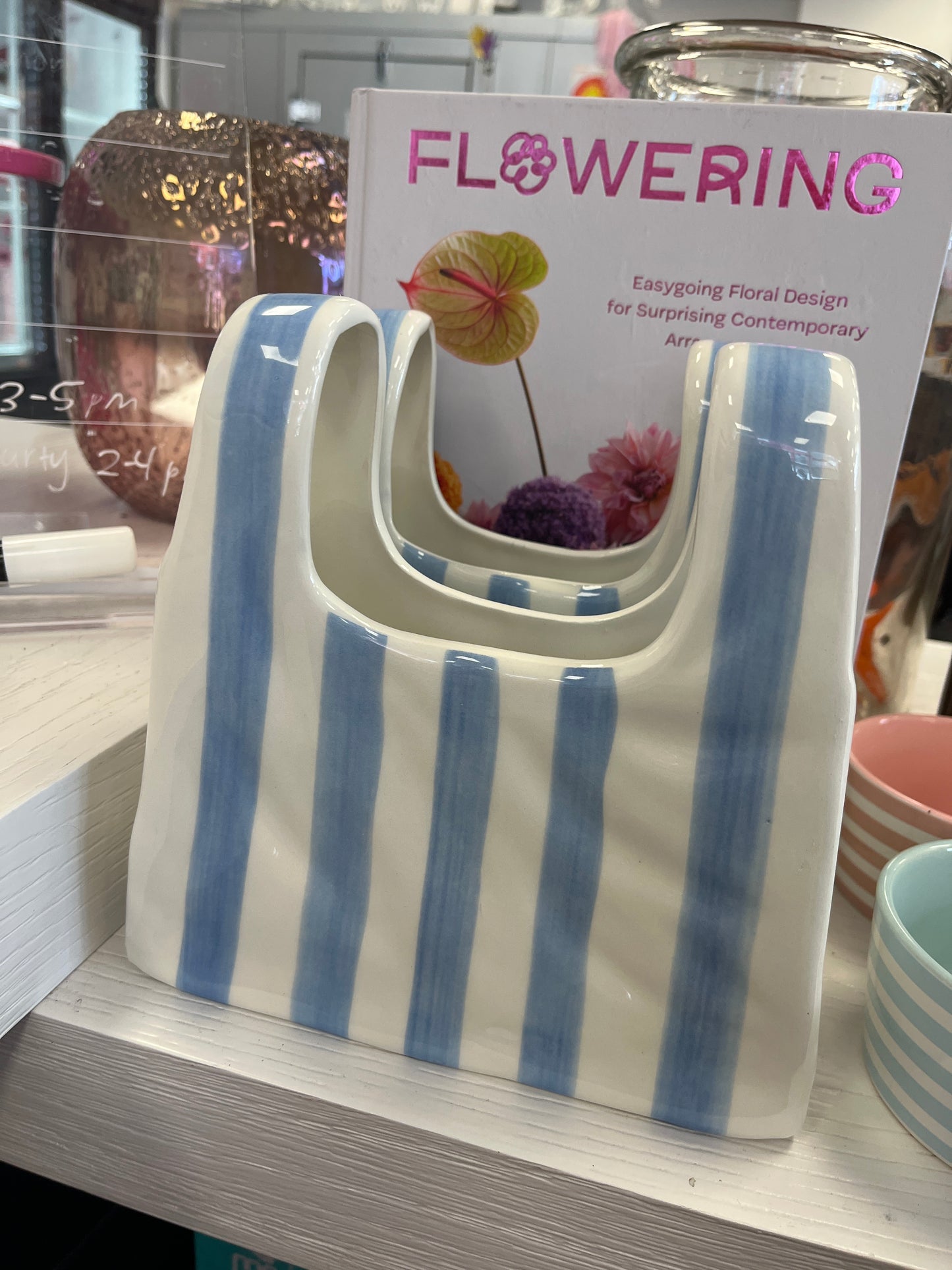 Blue Stripes Ceramic Bag Vase