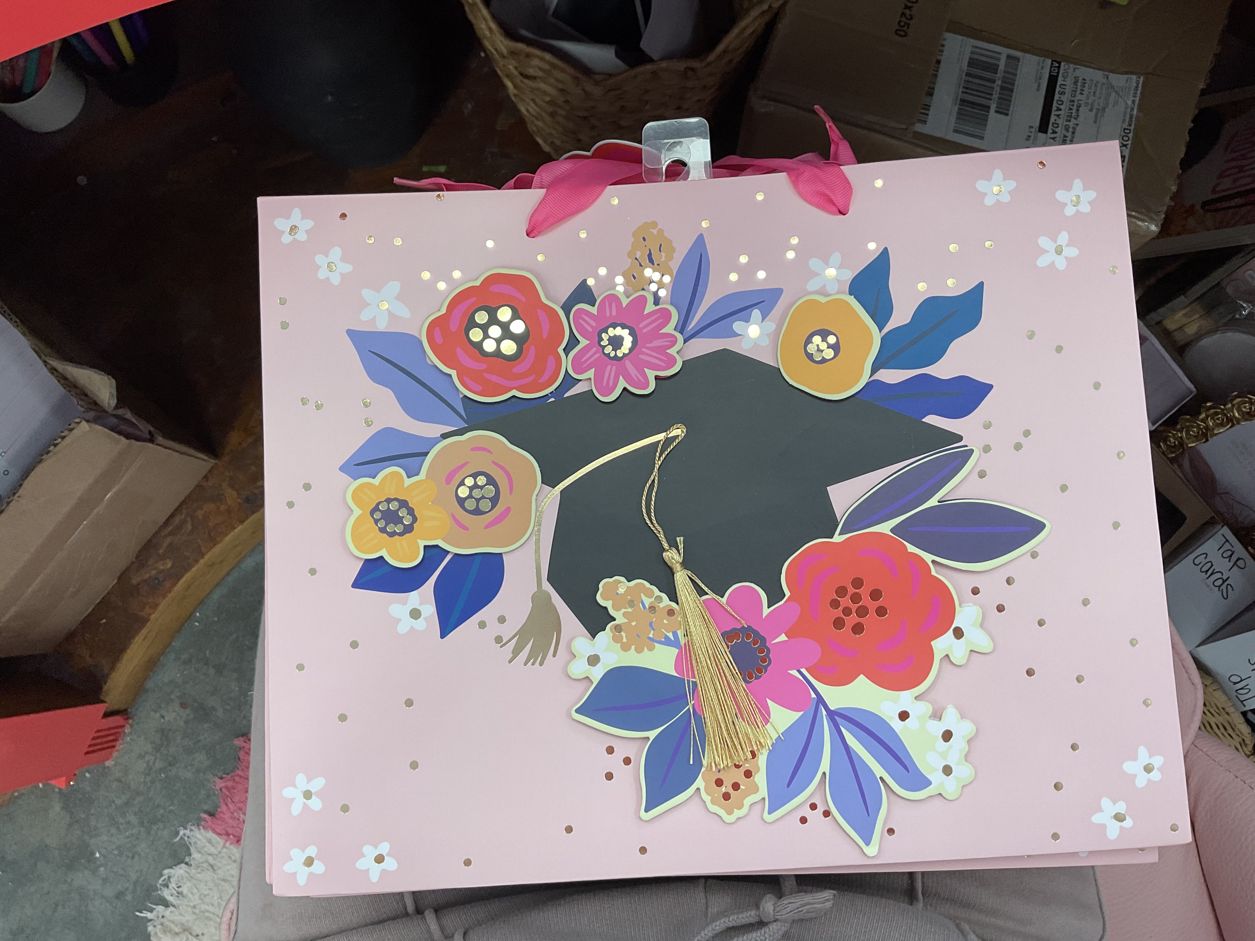 Pink Floral Graduation Cap Gift Bag