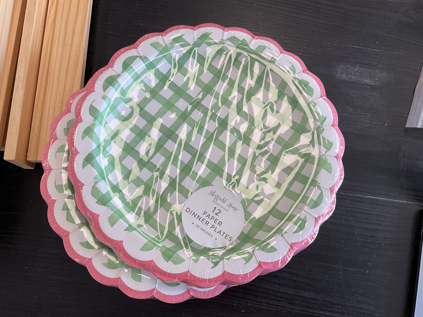 Green plaid pink scallops plate