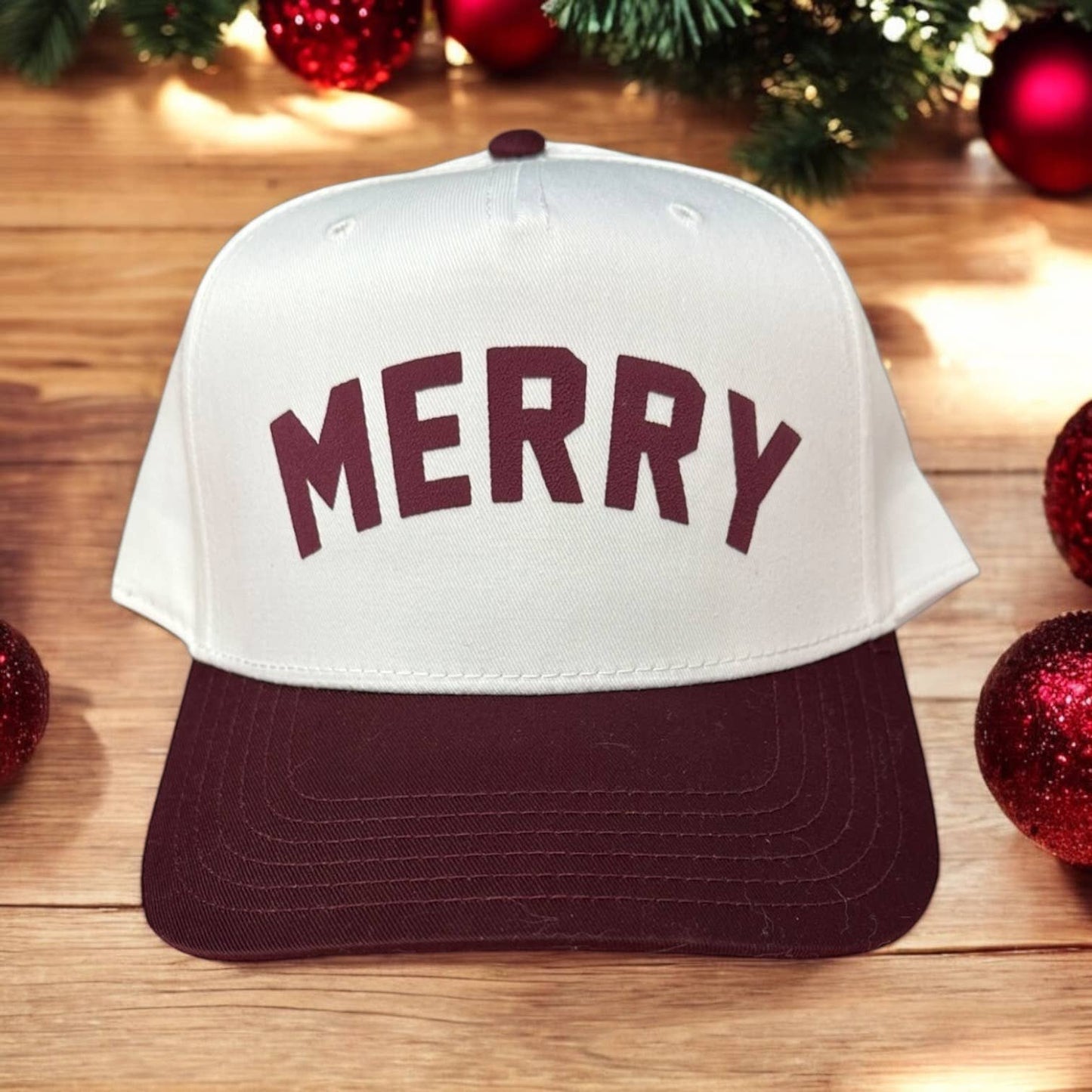 Holiday MERRY Trucker Hat - White/Maroon