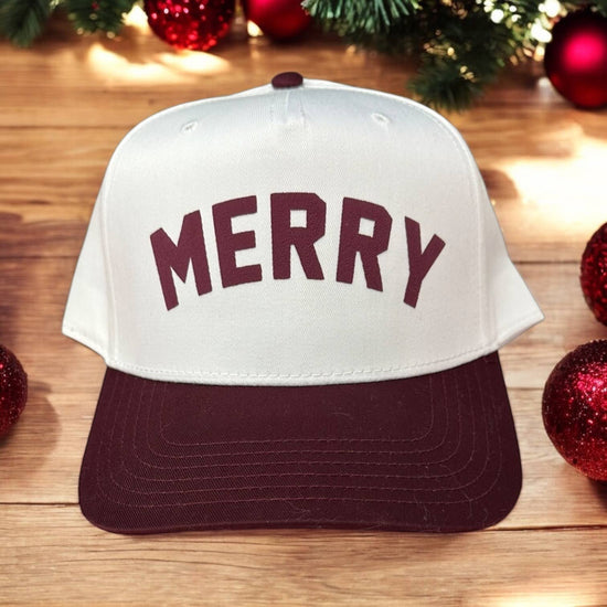 Holiday MERRY Trucker Hat - White/Maroon