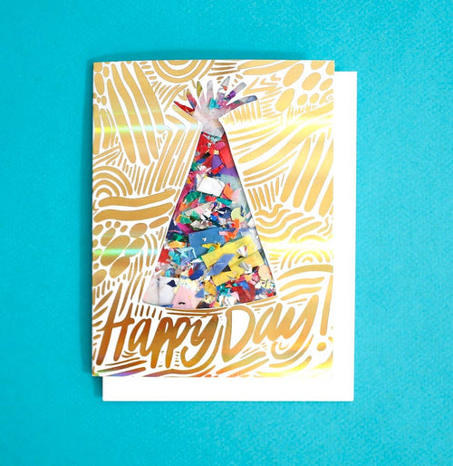 Happy Day Confetti-Filled + Holographic Gold Foil Card