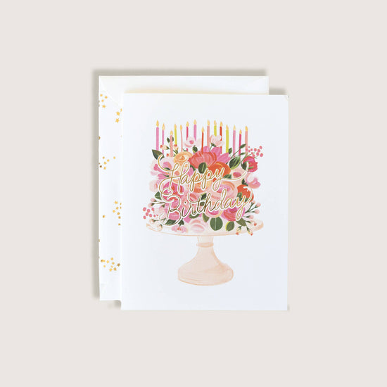 Happy Birthday Cake with Flowers Greeting Card