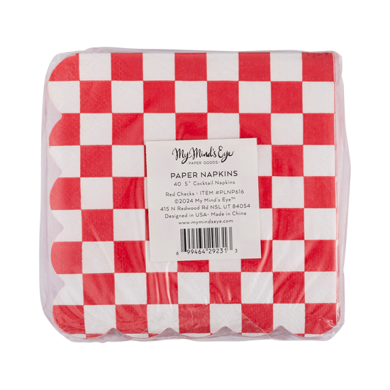 Red Checkerboard Scallop Cocktail Napkins