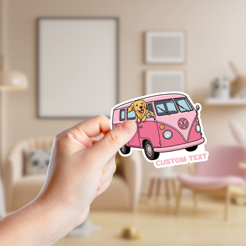 Golden Retriever in a Pink VW Van Sticker