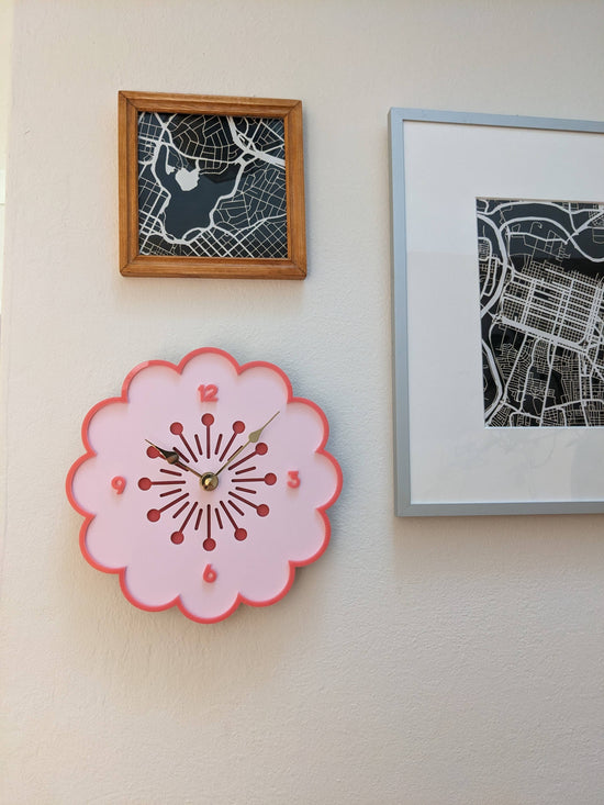 Load image into Gallery viewer, Retro Daisy Wall Clock - Light Pink with Pink Trim

