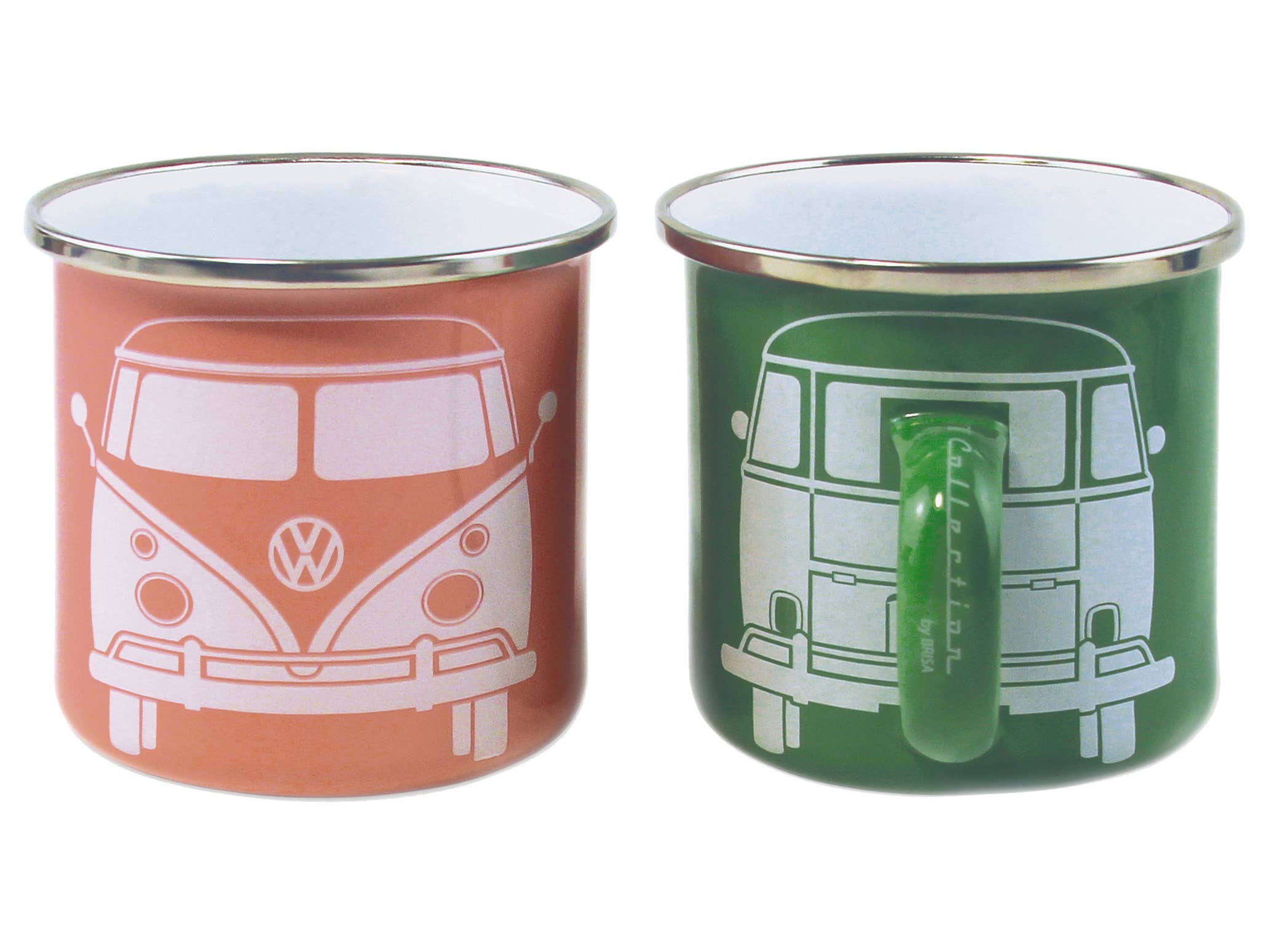 VW T1 Bus Enamel Mug 2-pc set 350ml - Front/Green&Rose Pink